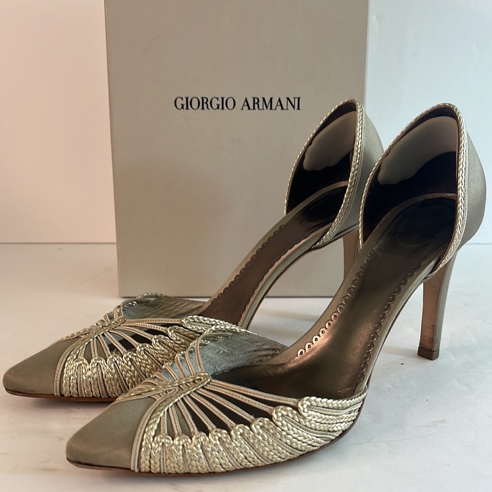 Giorgio Armani Metallic Embroidered Satin Heels